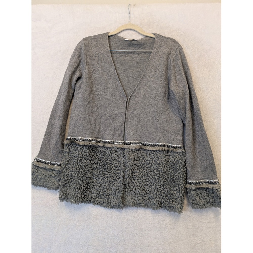 Sioni Women's Size M Gray Knit Cardigan Sweater Faux‎ Fur Trim